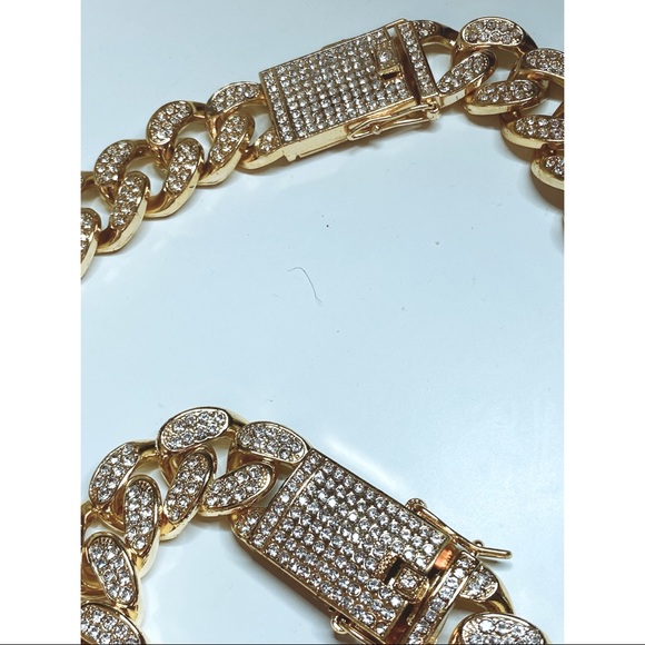 18K Men Cuban Gold Plated Diamond Chain Set Bracelet it will not turn will last - Picture 6 of 7